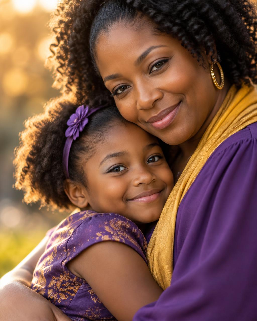 A mother embracing her daughter, both smiling warmly